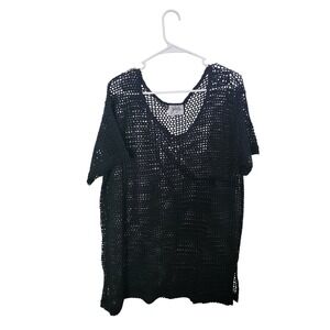 Gaby Crochet Fishnet Top Women One Size Black Cotton V-Neck Mesh Tunic Coverup